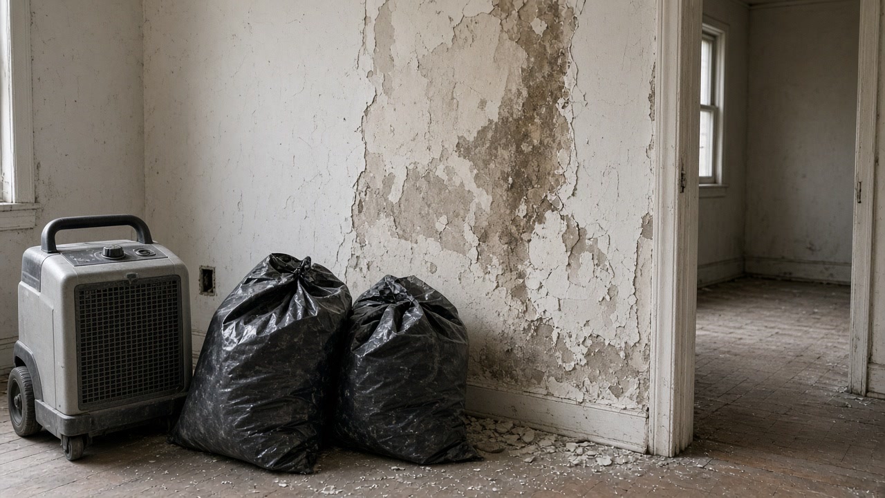 Air scrubber and debris bags beside a peeling mold-stained wall