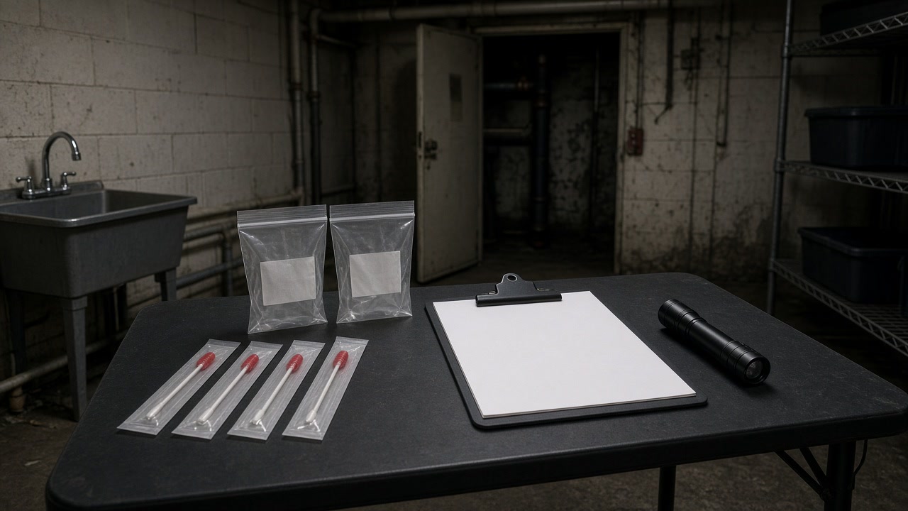 Sterile swabs, sample bags, clipboard and flashlight on a folding table in a basement