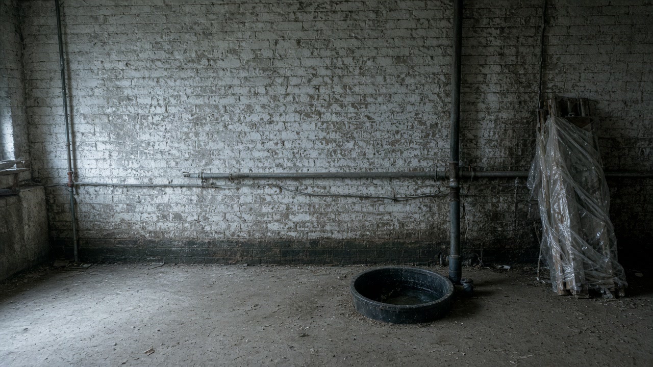 Damp white-painted brick basement wall with standing water in a floor drain basin
