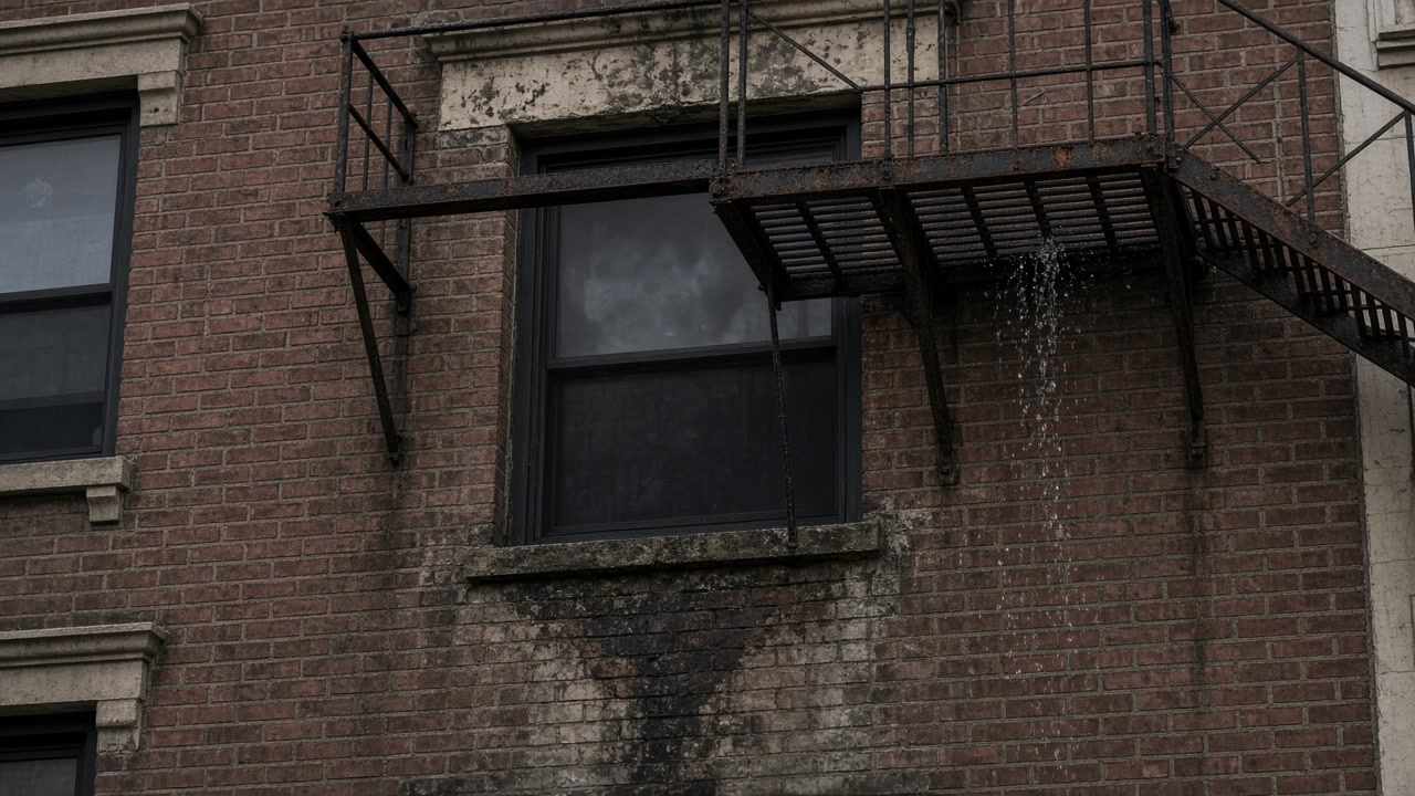 Water dripping from a fire escape onto stained red brick around a window