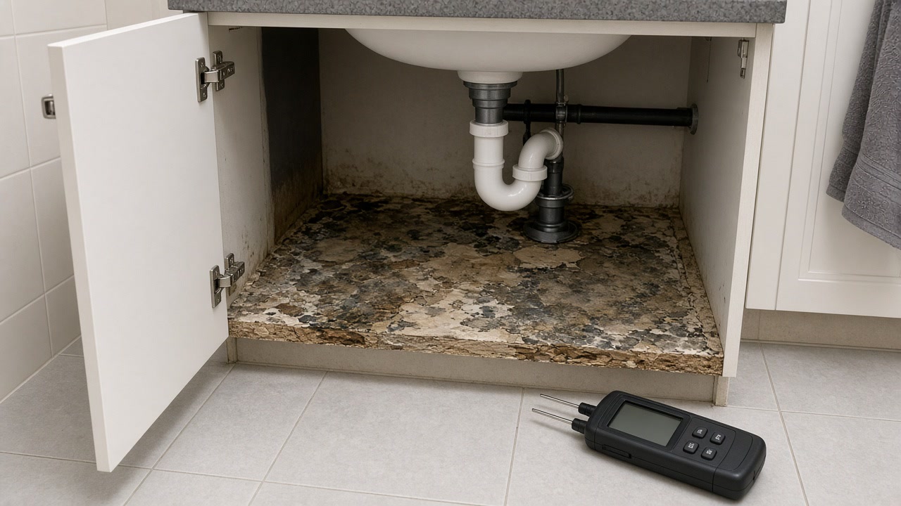 Under-sink vanity with black mold on a swollen shelf and moisture meter on the floor