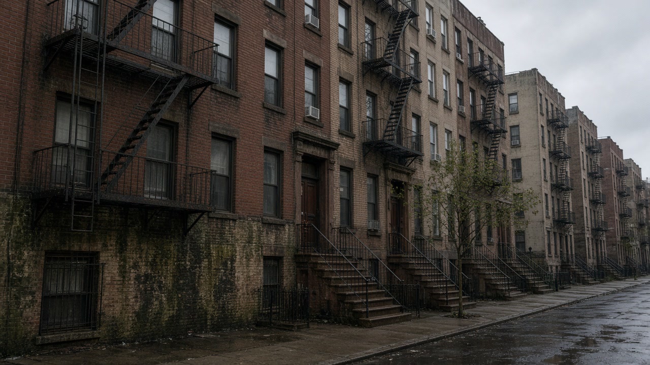 Bronx brick apartment row with fire escapes and damp-stained foundation masonry