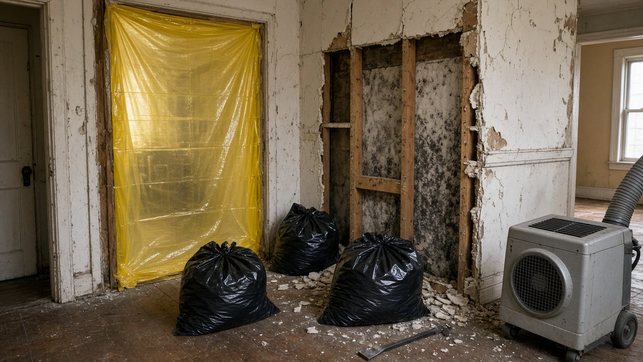 Opened moldy wall cavity beside yellow containment with air scrubber and debris bags