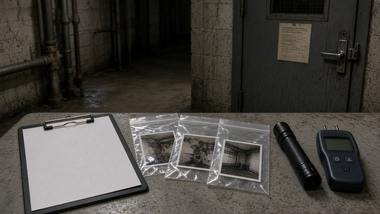 Clipboard, bagged evidence photos, flashlight and moisture meter on a basement workbench